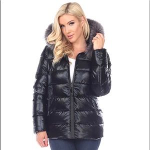 White Mark Metallic Puffer Hooded Jacket